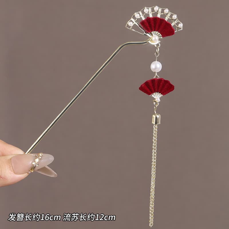 Red flocked fan tassel hairpin