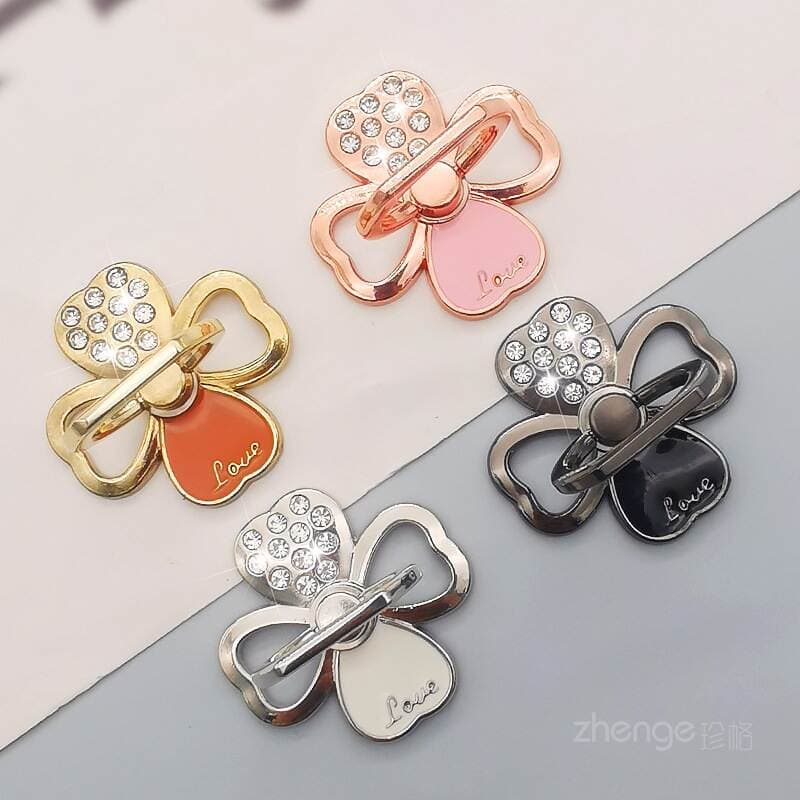 Mobile Phone Holder with Four-Leaf Clover Design, Sparkling Diamond Ring Buckle, Strong Adhesive, Anti-Drop, Portable, Invisible, Integrated 4