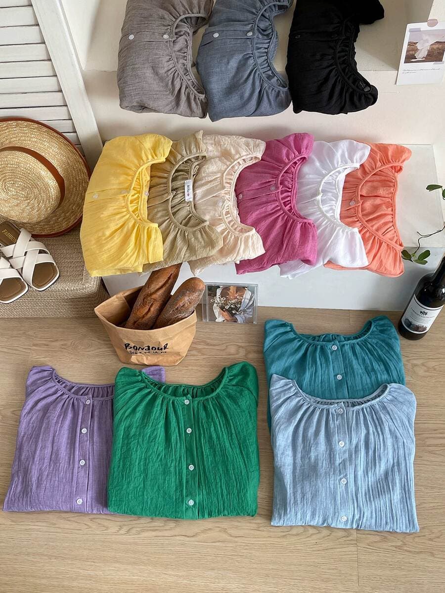 Summer Balloon Sleeves Vintage Vacation Style Cotton Linen Sunscreen Shirt Women's Clothing 5