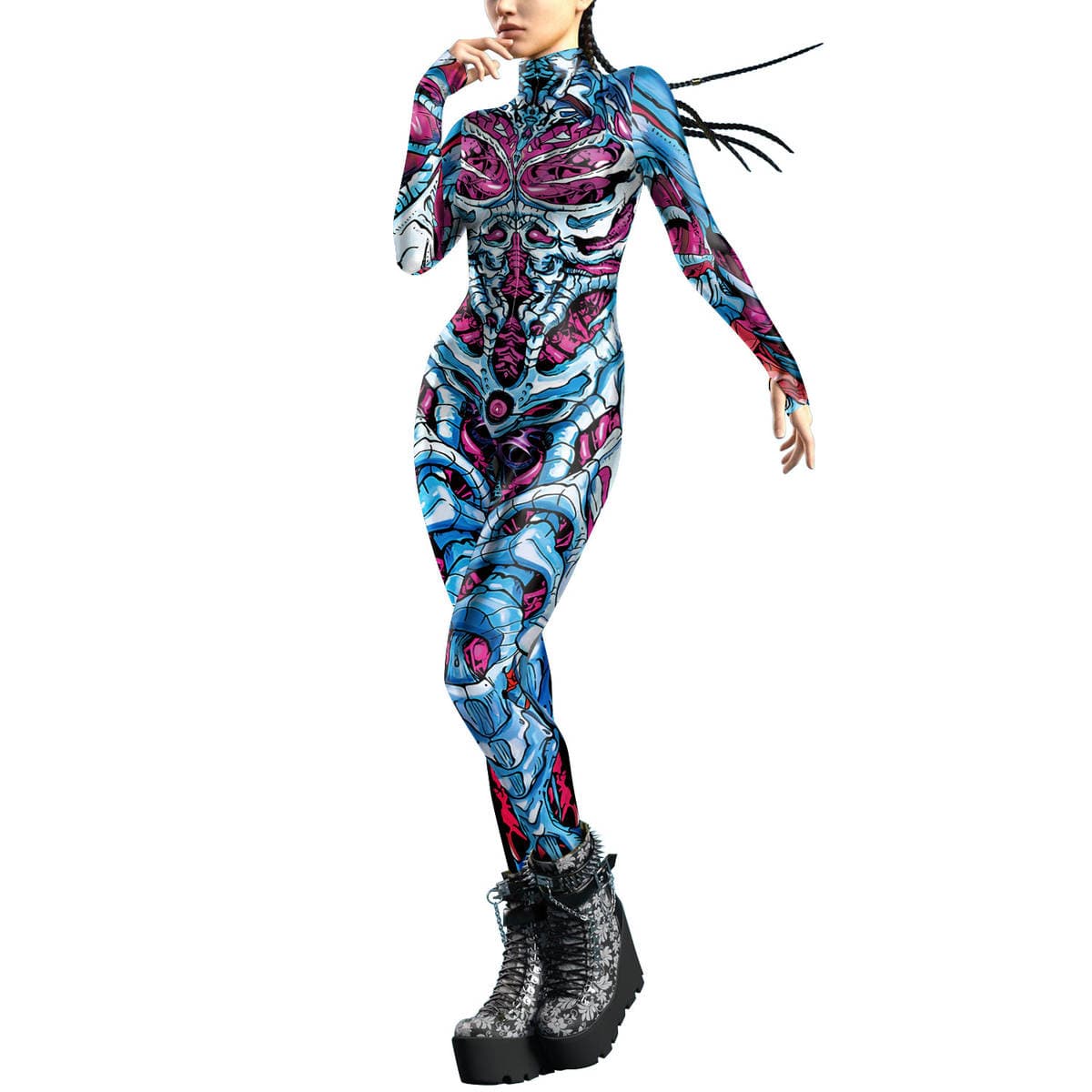 2024 New Cross-Border European and American Clothing Dark Skull 3D Digital Printing Buckle Tight Elastic Women's Jumpsuit 3