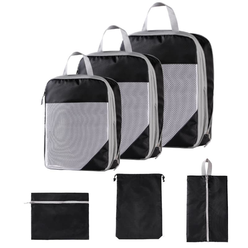 Three-piece set with mesh black + drawstring pocket + flat pocket + shoe bag