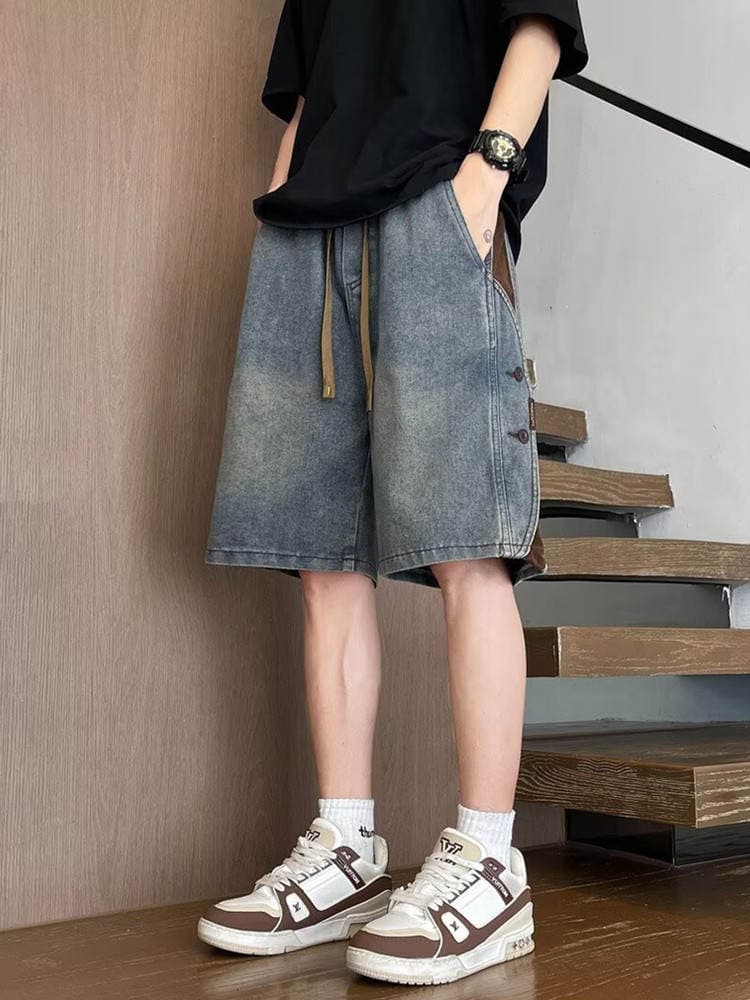 American-Style Heavy Vintage Denim Shorts for Men, Summer Loose Trendy Brand Patchwork Five-Point Shorts, Men's Cool Casual Mid-Length Pants 1