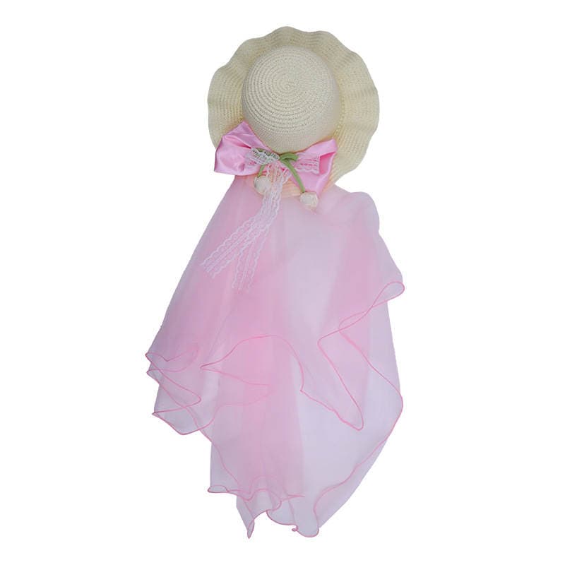 Children's forest-style sweet pink bow tulip veil hat, girls' sun protection straw hat, beach sun hat 5