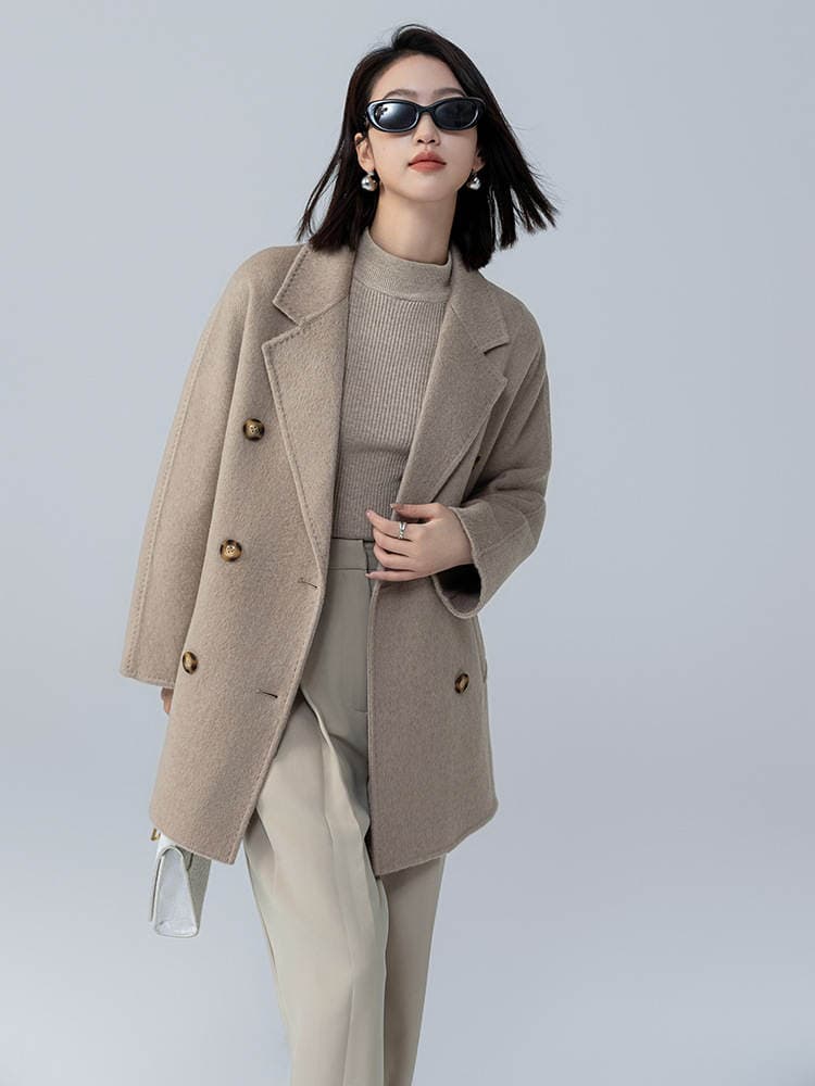 Western style loose short M home camel velvet double-sided overcoat women's woolen coat autumn and winter small high-grade double-row 5