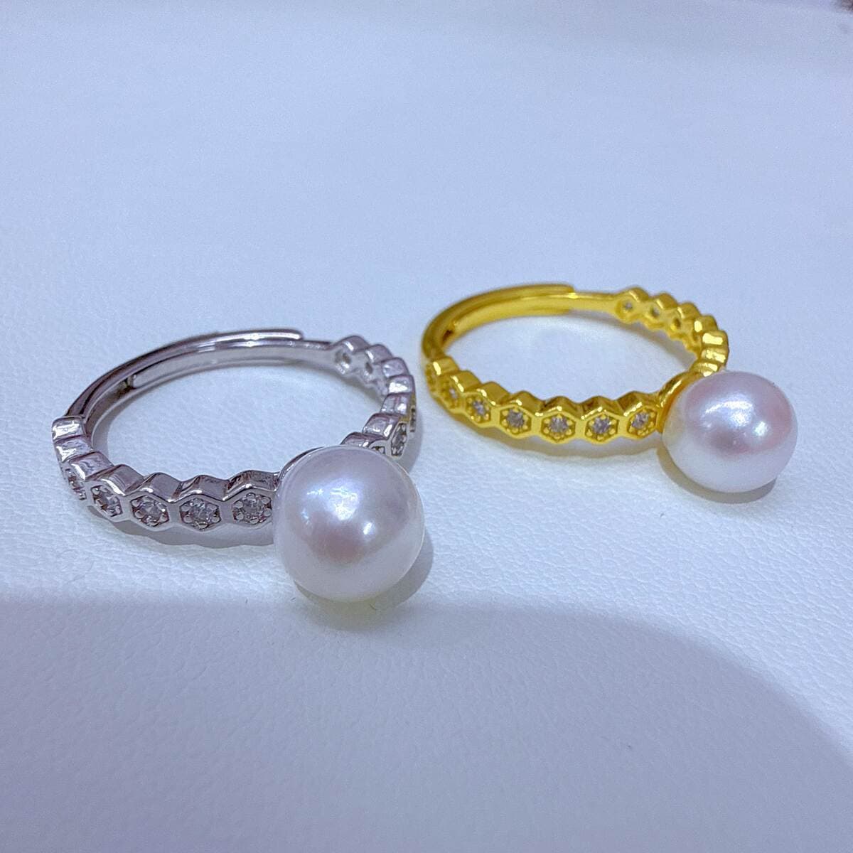 Seawater Akoya Pearl Adjustable Ring Women's Zircon S925 Sterling Silver Accessories Empty Support Retro Honeycomb Ring 4