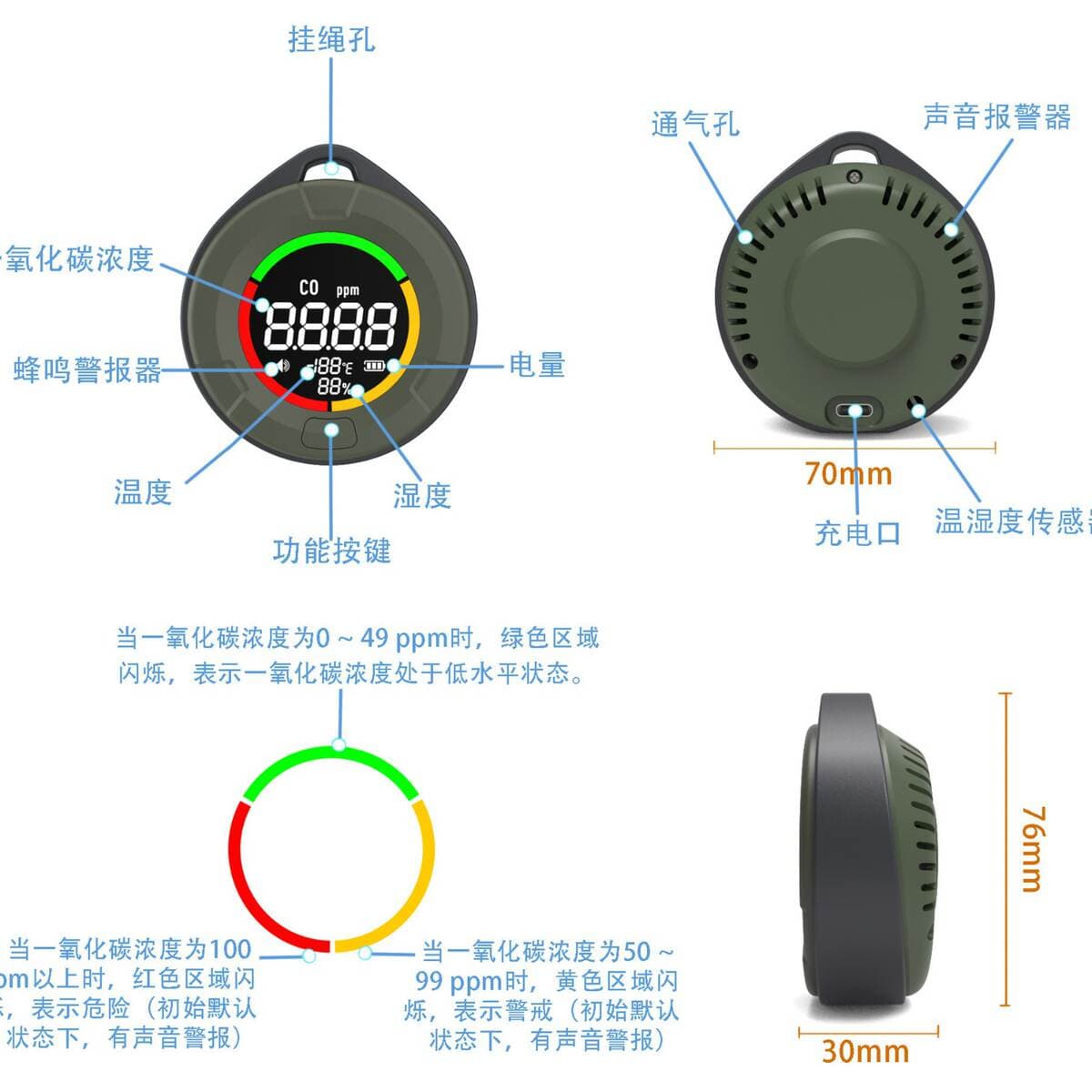 Measure Xiaofei portativ açıq hava karbon dioksid (CO2) və karbon monoksid (CO) detektoru, temperatur və rütubət ölçmə ilə 2