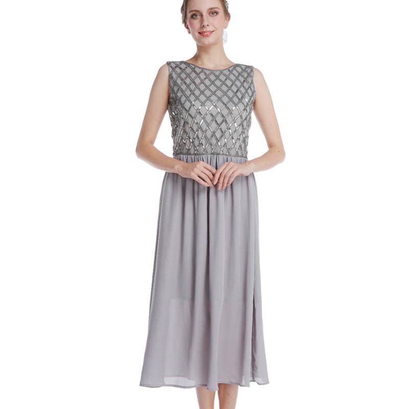 Factory Custom-Made Dress Elegant Gray Chiffon Ribbed Sequin Beaded Embroidered Sleeveless Dress Dress Can Be Worn Daily 4