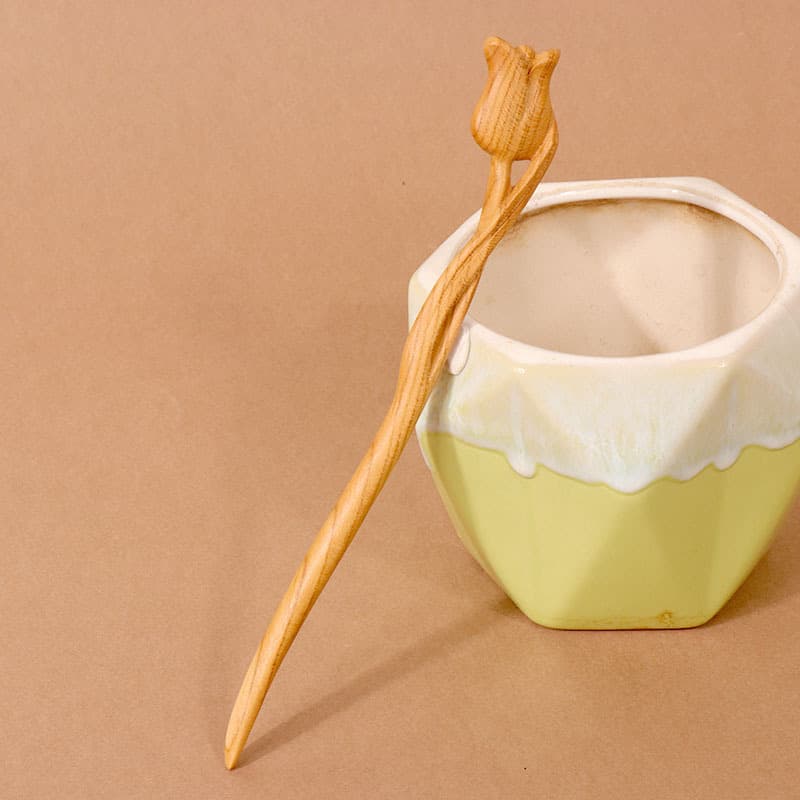 Double-sided carved peach wood hairpin---tulip