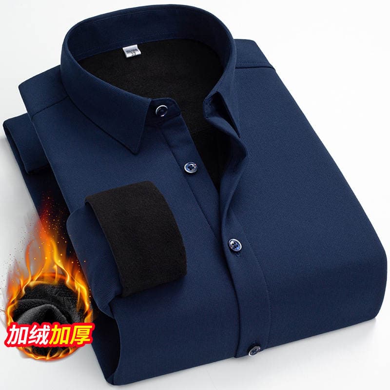 Men's Elastic One-Piece Velvet Seamless Shirt, Men's Long-Sleeved Autumn and Winter Business Casual Plus Velvet Warm Dad Shirt 1