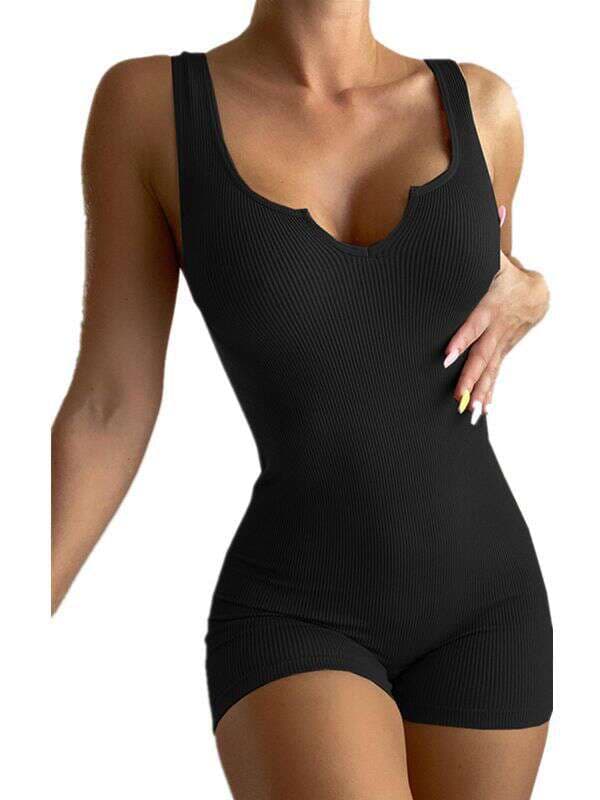 2023 European and American cross-border Amazon spring and summer women's solid color casual knitted rib V-neck vest slim jumpsuit 3