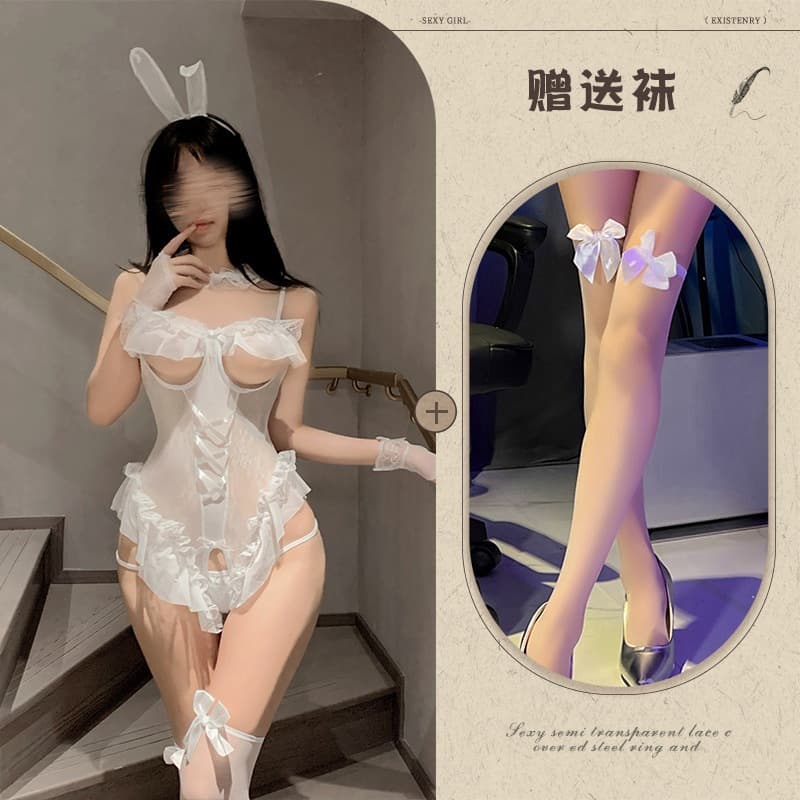 Bunny girl white + white bow stockings