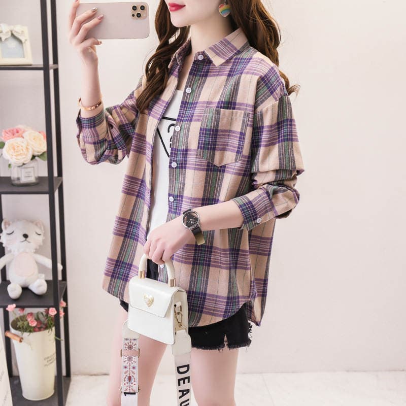 Plaid Shirt women's loose long sleeve Spring and Autumn style versatile casual student spring and autumn plus size Korean style shirt coat cotton 4