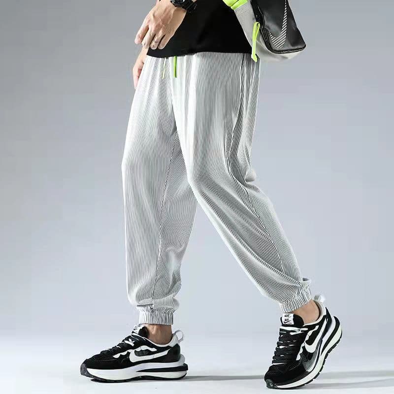 Striped ankle-tied ice silk pants light gray
