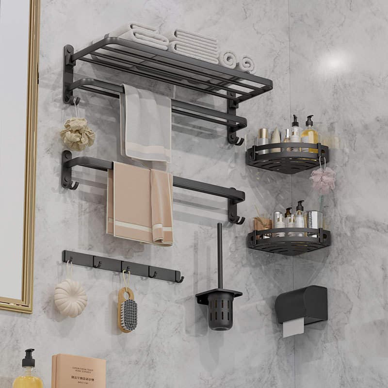 No-Drill Wall-Mounted Bathroom Storage Towel Rack, Black Space Aluminum Bath Towel Holder, Bathroom Hardware Accessory 2