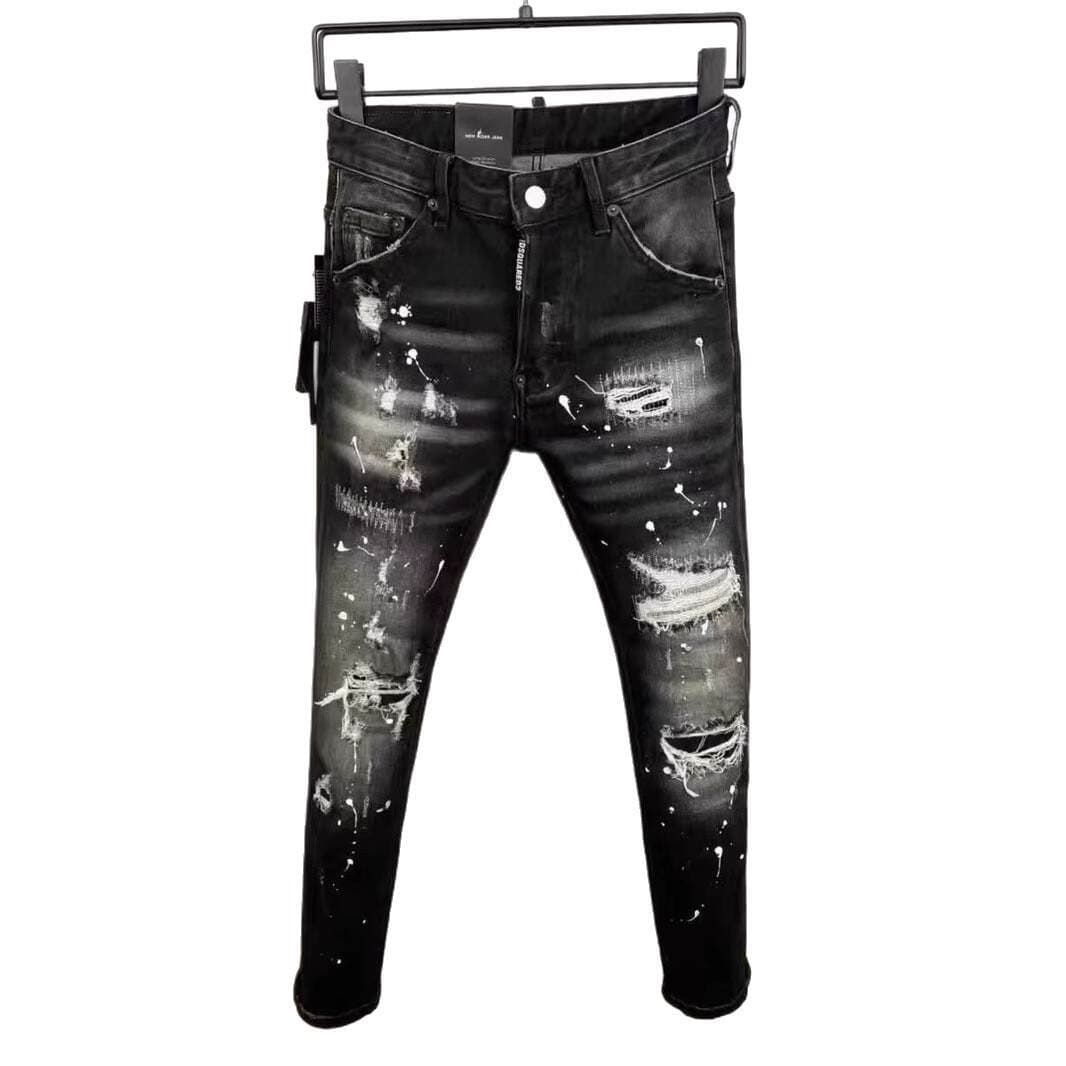 2026 Summer New Style D2 Trendy Men's Washed Distressed Patchwork Paint Slim-Fit Skinny Black Jeans for Men 5