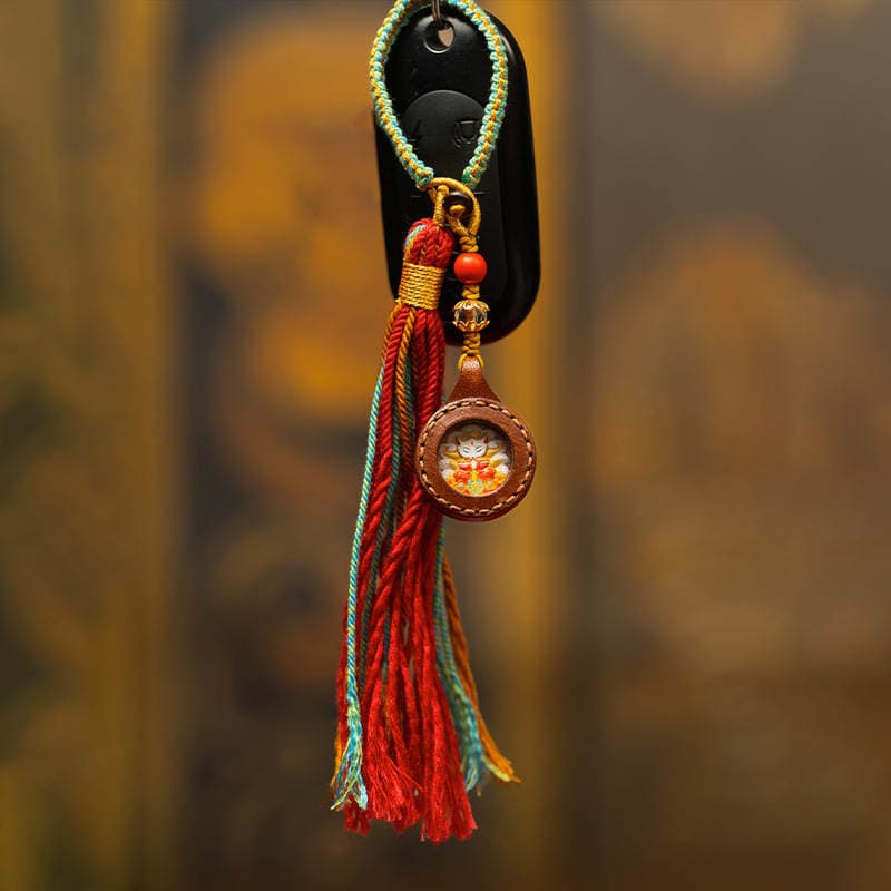 Hand-Painted Thangka Bag Pendant with Zaki Lam, Yellow Treasure, Manjushri, Green Tara, Xizang-Style Small Thangka, Ethnic Style Bag Pendant Keychain 3