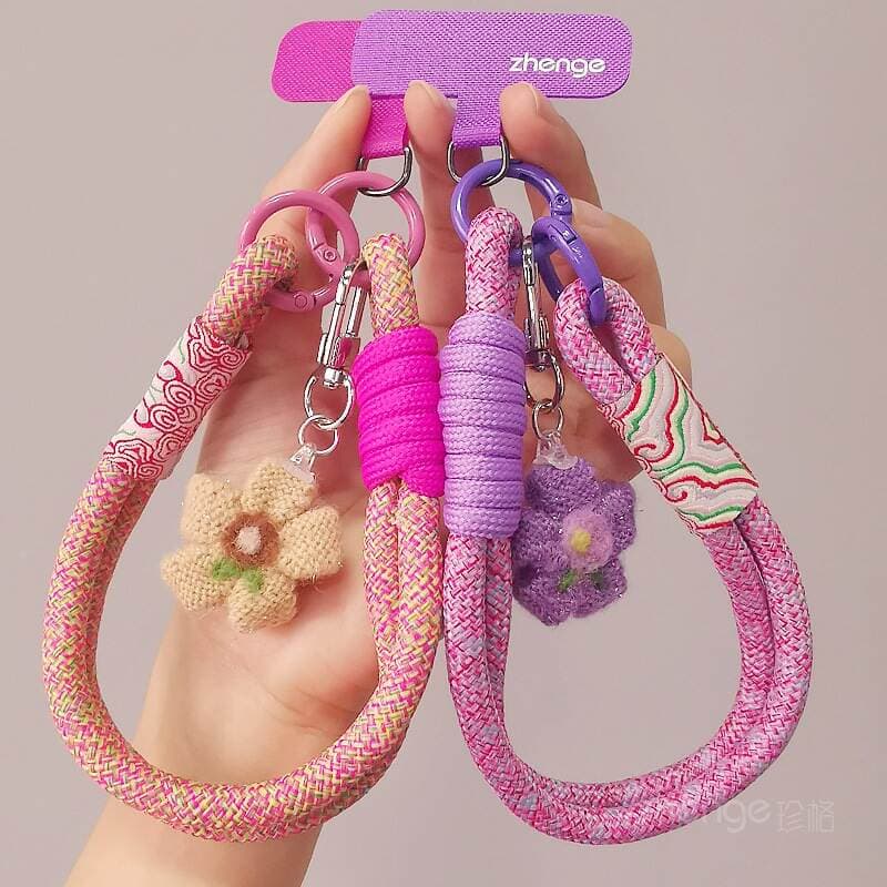Mobile Phone Lanyard Chinese Style Auspicious Cloud Pattern Braided Wool Flower Pendant Women's Wrist Rope Short Outdoor Mountaineering Travel 3