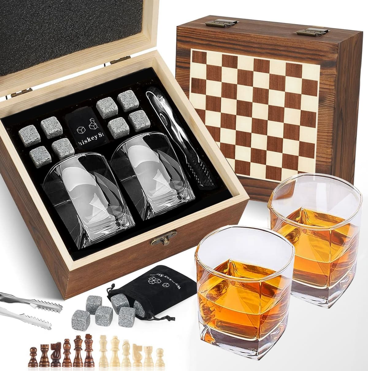 Square cup double cup whiskey 2 cups 8 stone felt mat coaster with checkerboard wooden box