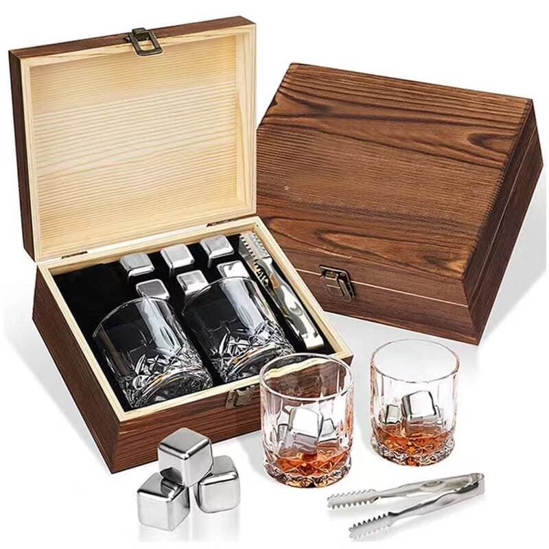 Cross-Border Whiskey Set in Wooden Box with Double Glass Wine Glasses, Natural Ice Wine Stones, Wooden Gift Box, Empty Box 5