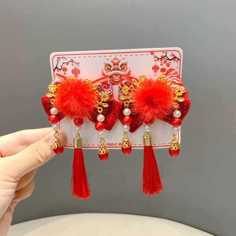 Floral pom pom pearl tassel hair clips