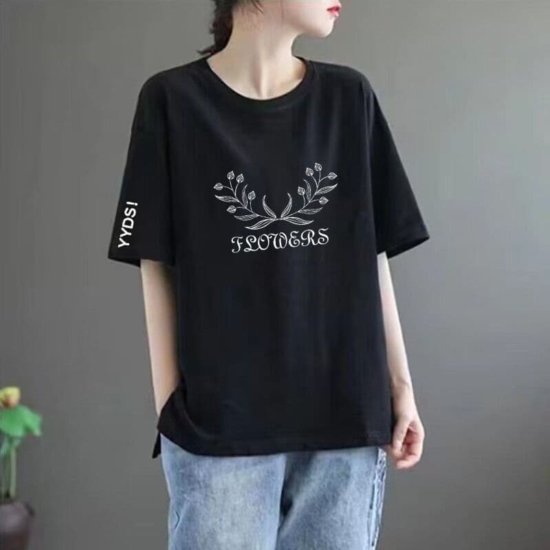 50 black top with white sleeves [medium] - floral pattern