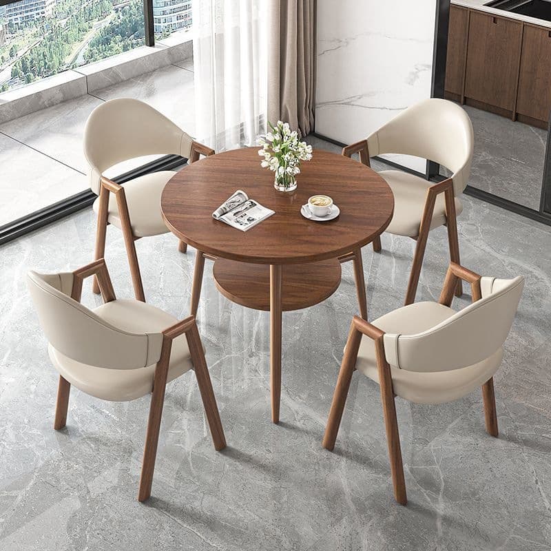 Round table + 4m color leather chairs - walnut legs