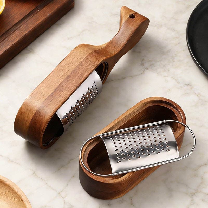 Cheese Grater with Acacia Wood Storage, Stainless Steel Cheese Grating Box, Cheese Shredder, Slicer, Kitchen Tool 3