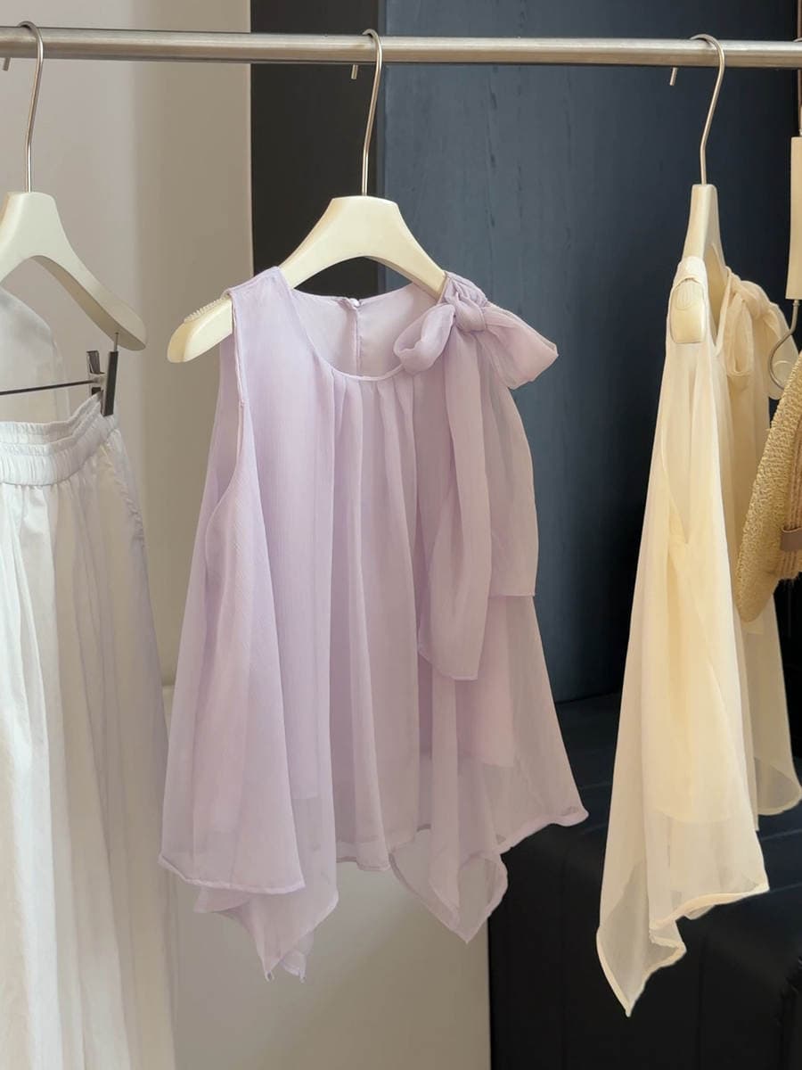 Qadınlar üçün bantlı, lentli, qolsuz, şifon köynək, dəyirmi yaxalı pullover. 2