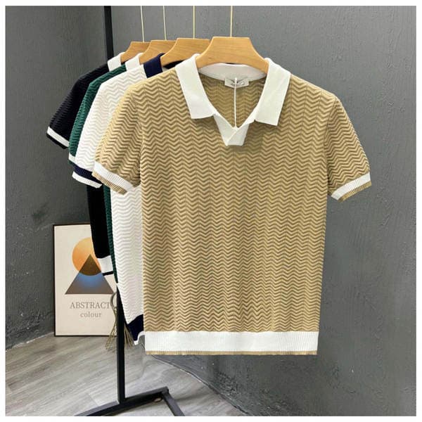 Summer British Style High-End Contrast Color Knitted Polo Shirt for Young Men, Retro, Elegant, Fashionable and Casual Men's T-Shirt