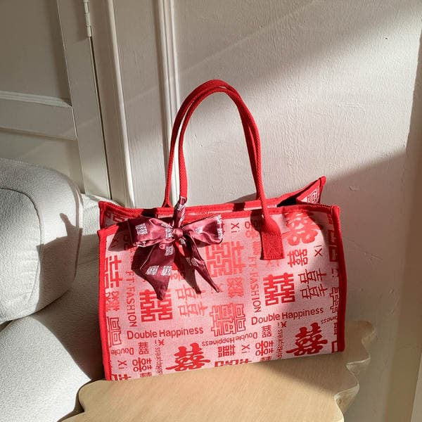 Fashionable Embroidered Bridal Wedding Bag, Red Silk Scarf, Stylish Handbag for Women, Large Capacity Commuter Tote Bag, Chinese Style, Cross-Border