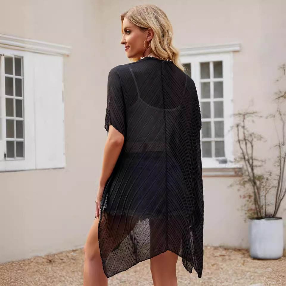 Cross-border new solid color pearl buckle row blouse Europe and the United States travel split shawl thin Joker fashion wholesale 4