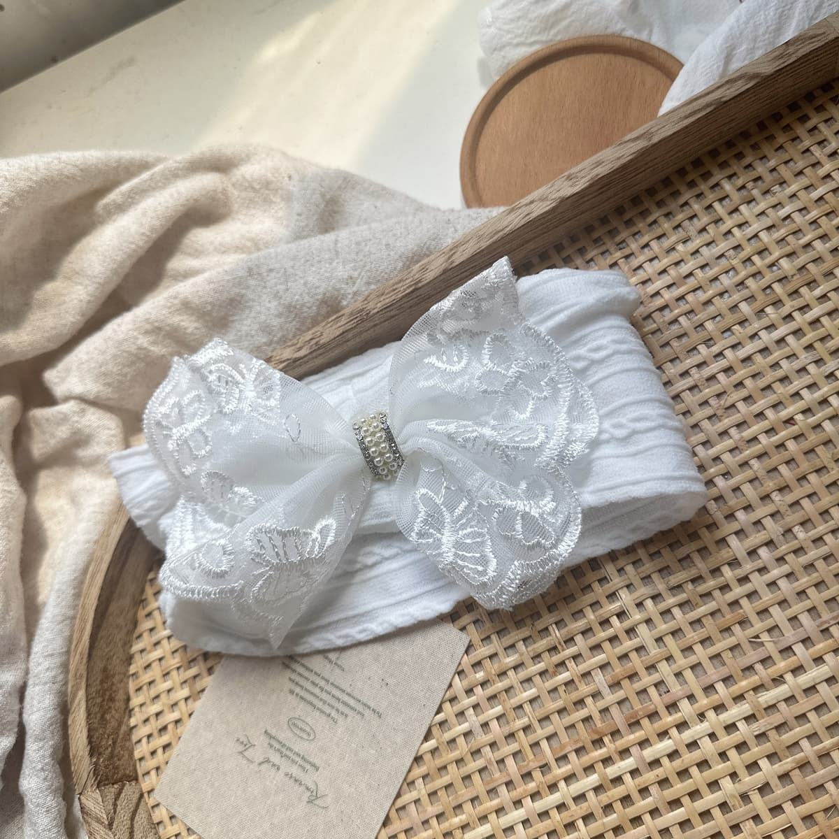 White bow large double wave 5151 white jacquard headband