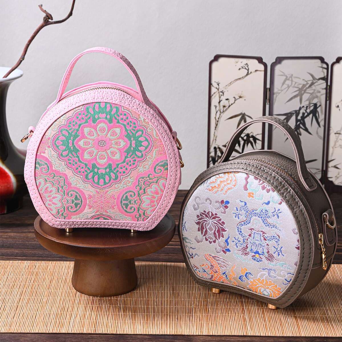 Çin üslubunda Song Brocade dəyirmi çanta üçün DIY material dəsti, həqiqi dəri və naxışlı, çarpaz/çiyin asma 4