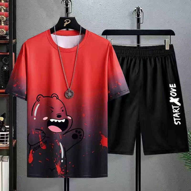 Gradient bear shorts suit red