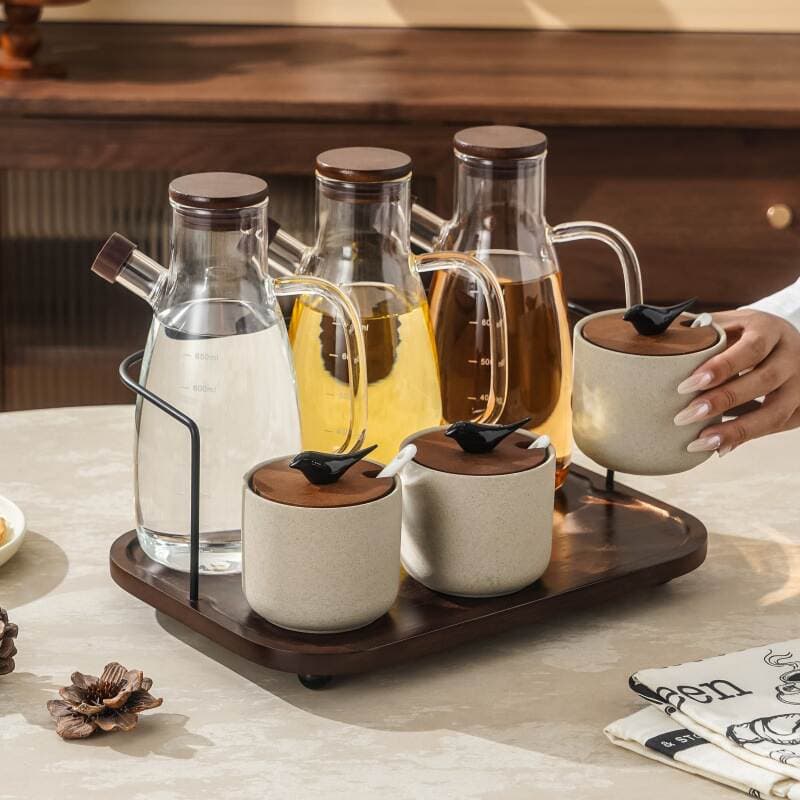 Vintage üslublu keramika ədviyyat qabı dəsti və şüşə yağ qabı 4