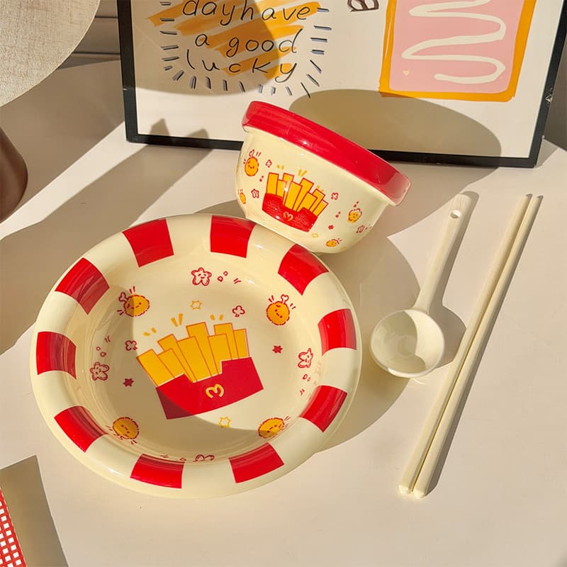 [french fries tableware] food for one person - rice bowl + deep plate + spoon + chopsticks