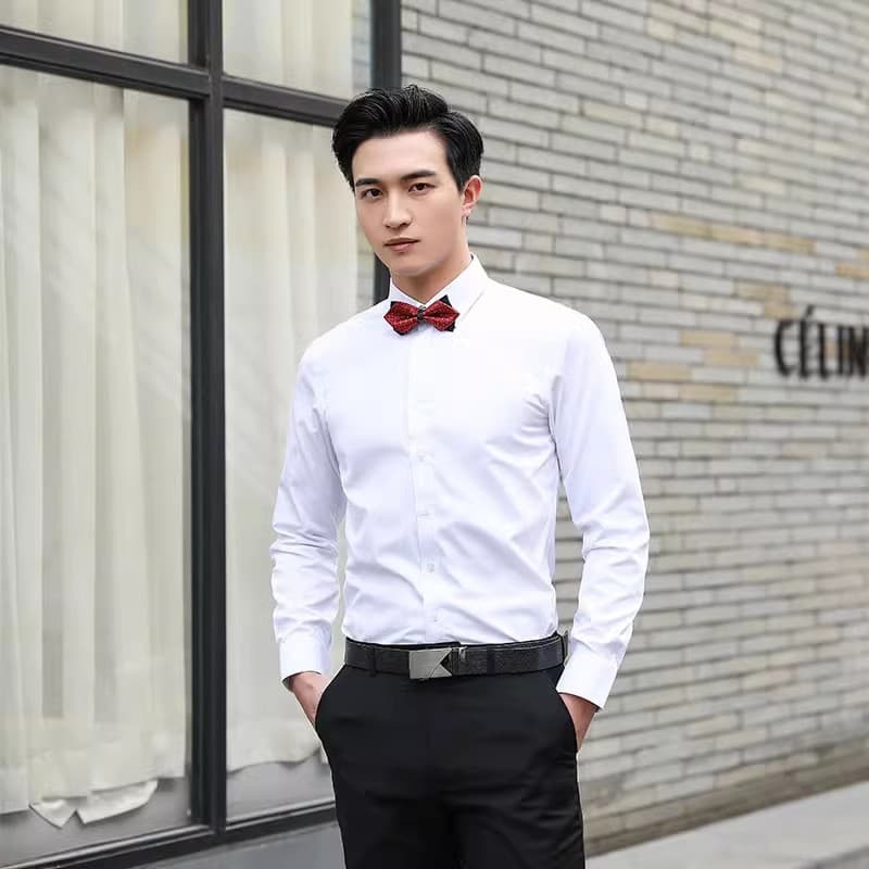 White long shirt + black suit pants