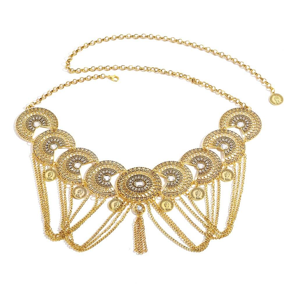 Alien Ethnic Style Waist Decoration Retro Alloy Hollow Carved Rhinestone Coin Tassel Waist Chain Women's Skirt Hanfu Accessories 5