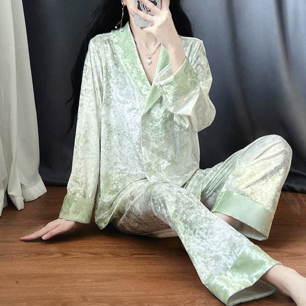 Qadınlar üçün Qızılı Məxmər Pijama Dəsti, Payız-Qış, Yaşıl Meyvə Yaxalı