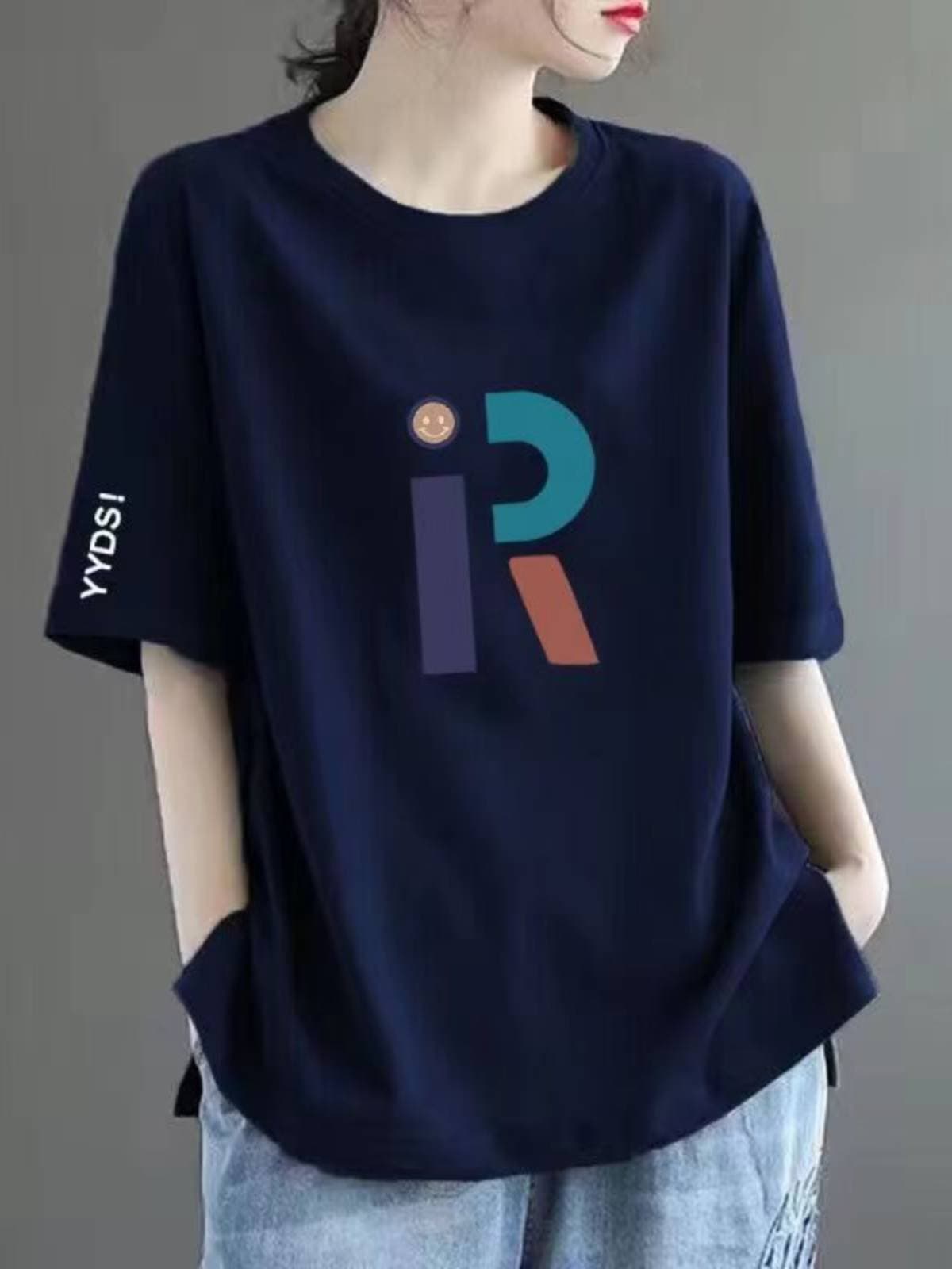 50 navy blue white sleeve [medium] letter print