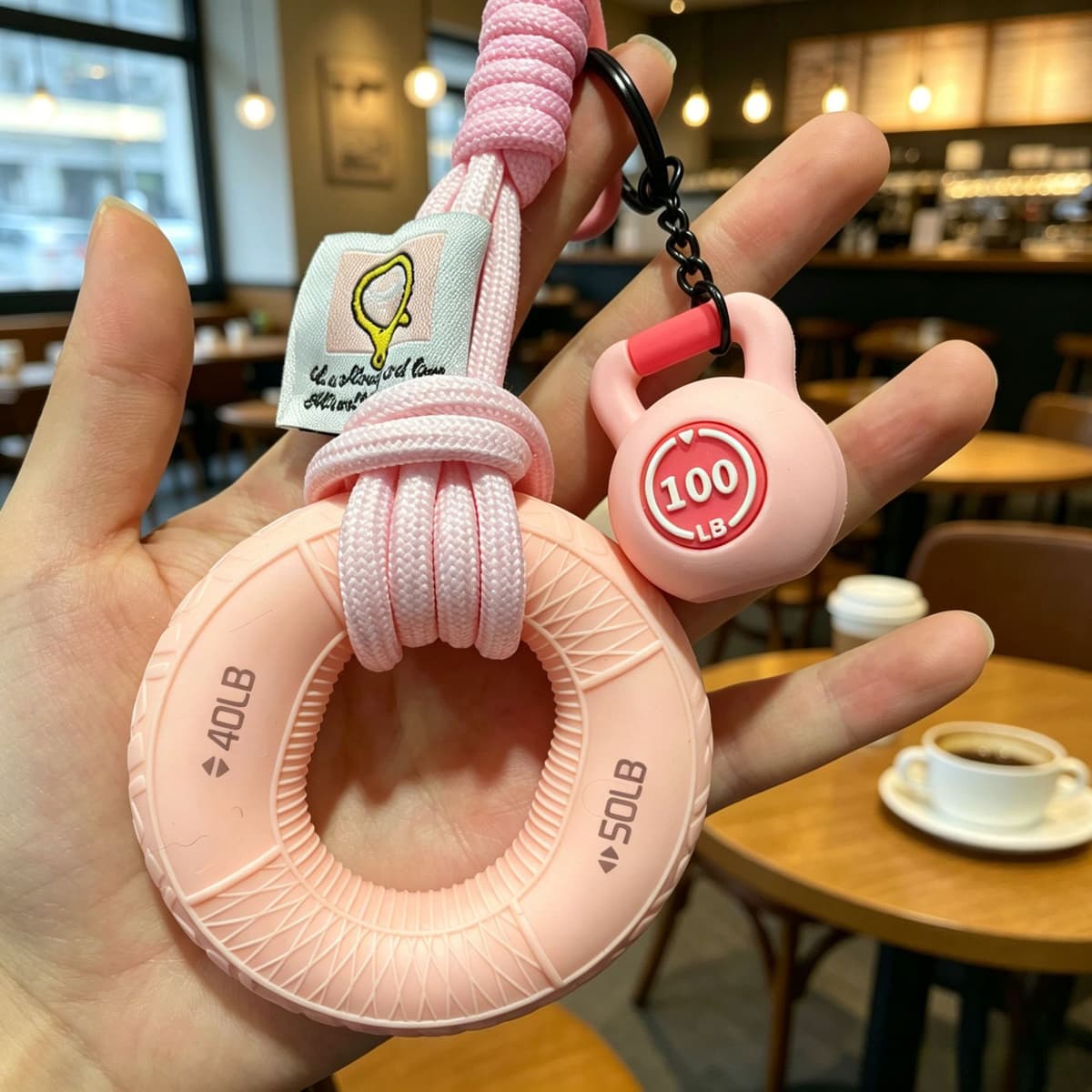 Pink grip ring + buckle cloth label lanyard + pink kettlebell