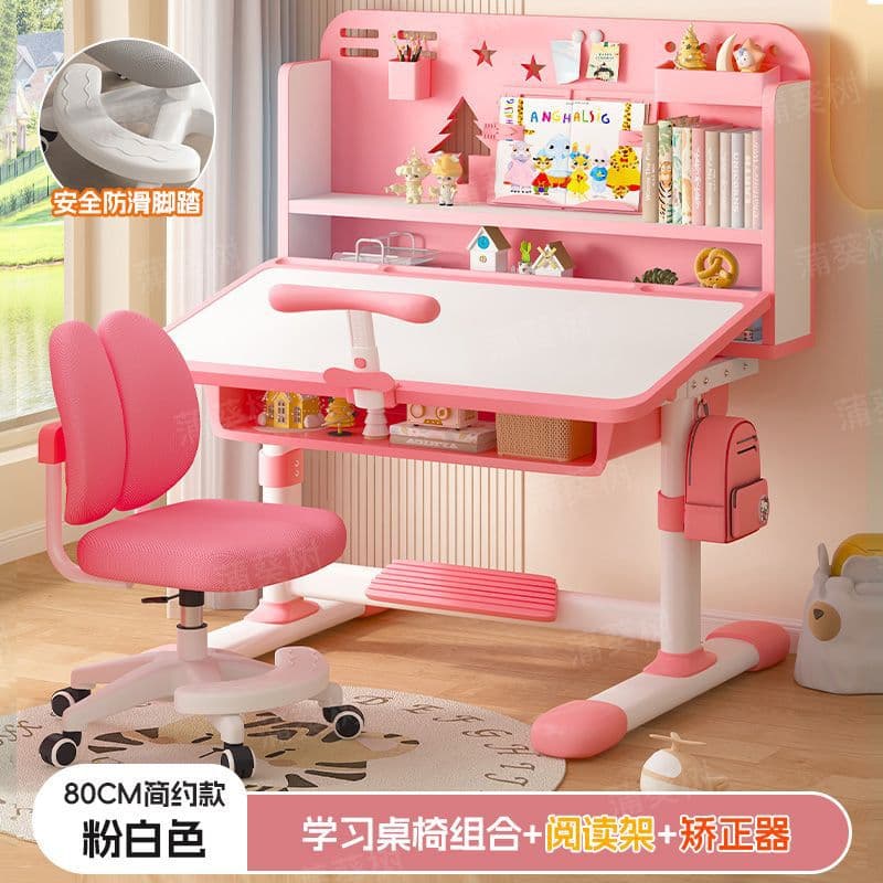 Pink and white desk [tilting desktop + dual-back gliding chair + reading stand + study stand] with two-zone bookshelf