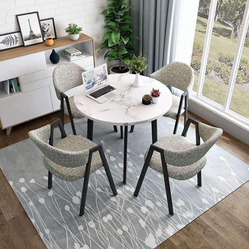 Imitation white marble table + floral linen chairs