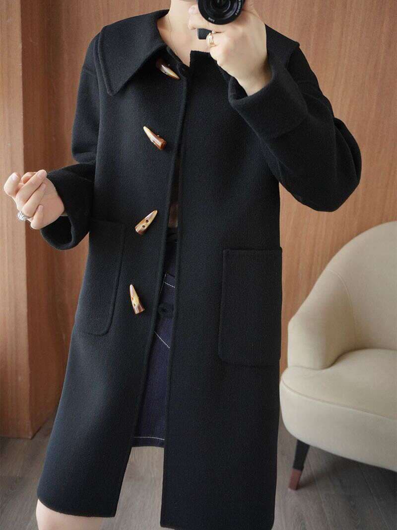 2023 autumn and winter new double-sided cashmere coat Women's Mid-length loose thickened horn buckle women's woolen coat 3