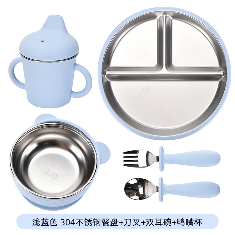 Light blue [bear bowl + cup + fork + spoon + 20cm plate]