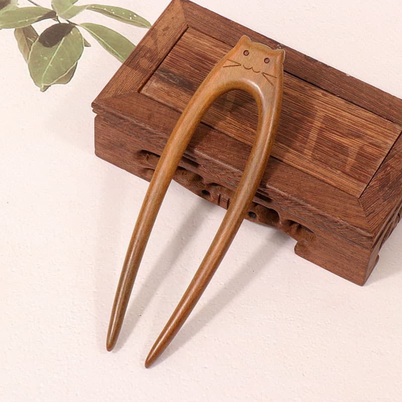 Green sandalwood hairpin---cat hairpin (15cm)