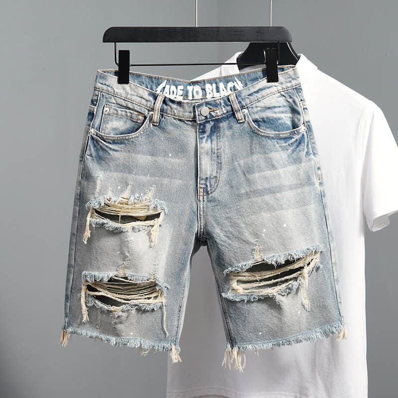 Men's Rough Denim Shorts 2024 Summer Thin Trendy Brand Five-point Pants Casual All-match Slim-fit Straight Pants 1