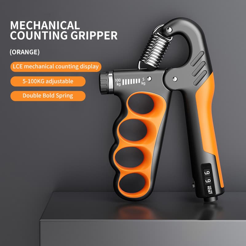 Five-finger hand grip strengthener with mechanical counter - black & orange