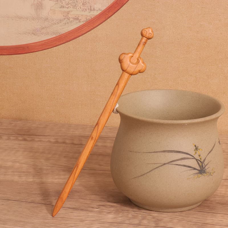 Double-sided carved peach wood hairpin - auspicious cloud sword