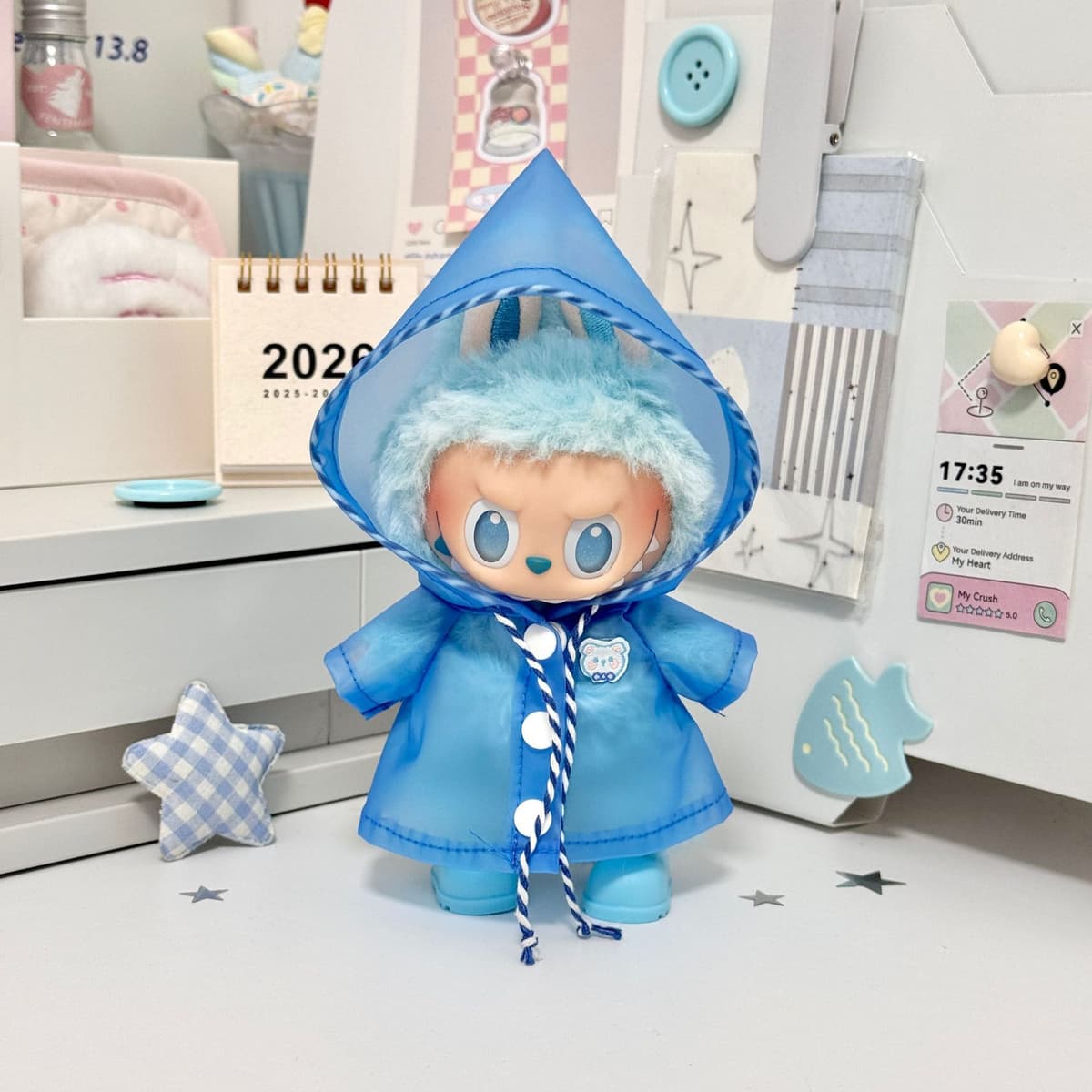 Blue raincoat + matching shoes